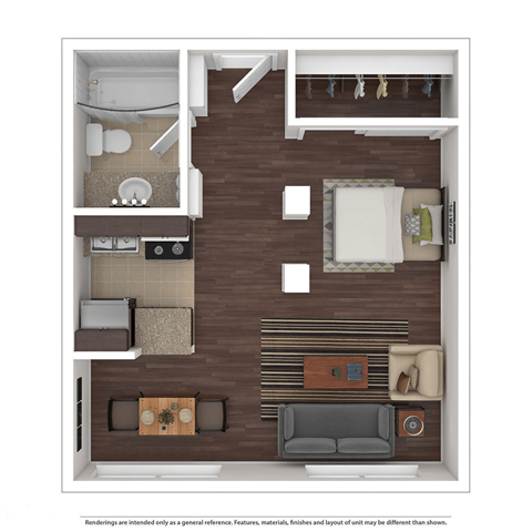 Floor plan for studio, 1 bath, 500 sqft